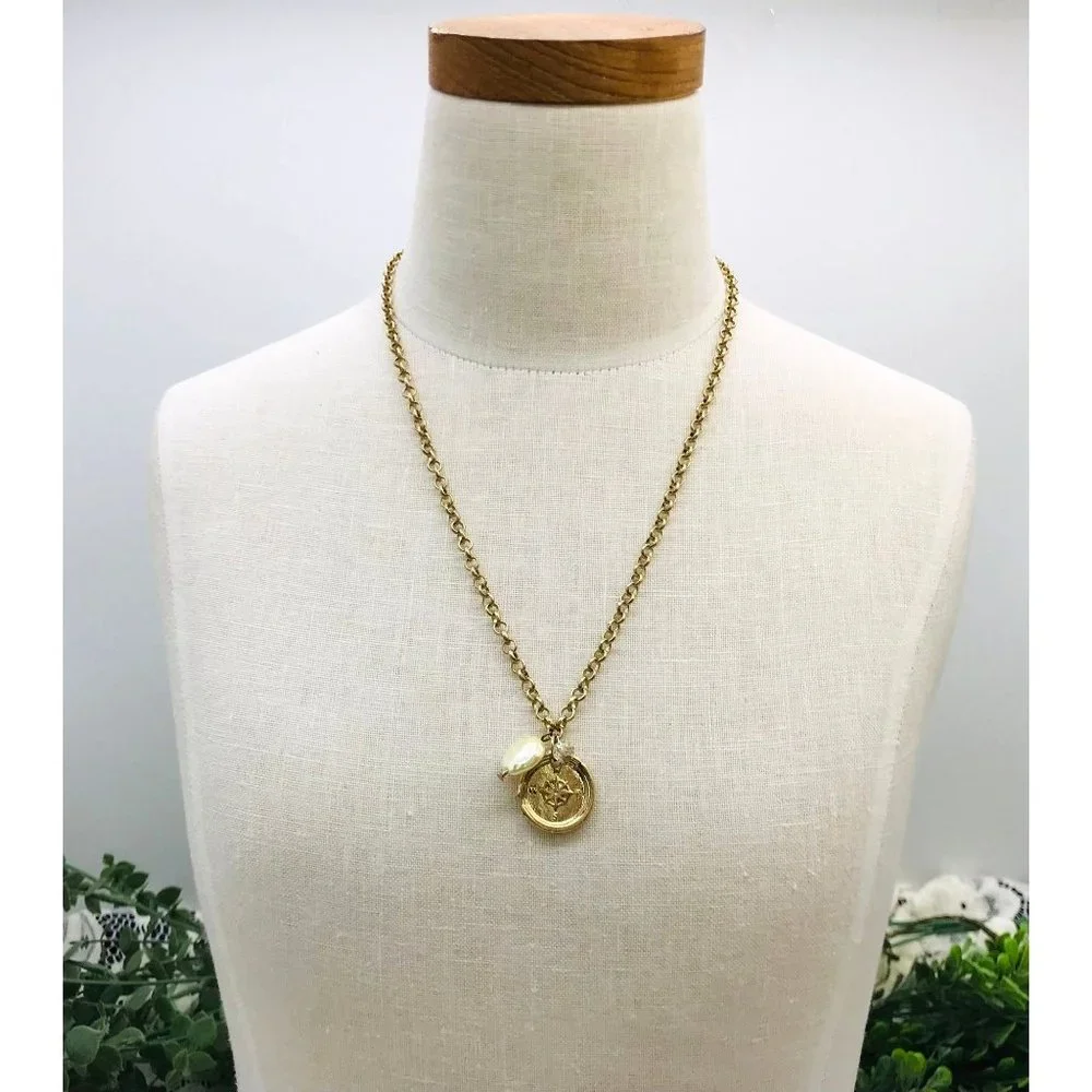 Vintage Necklace Gold Toned With Compass Design Dangle Faux Pearl And Clear Face - Picture 2 of 6